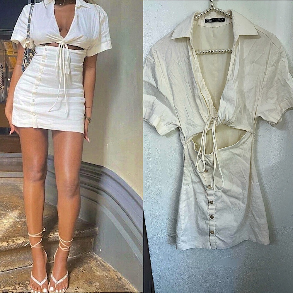 ZARA Short Linen Blend Dress With Cut-Out Oyster White 4661/145 size XS